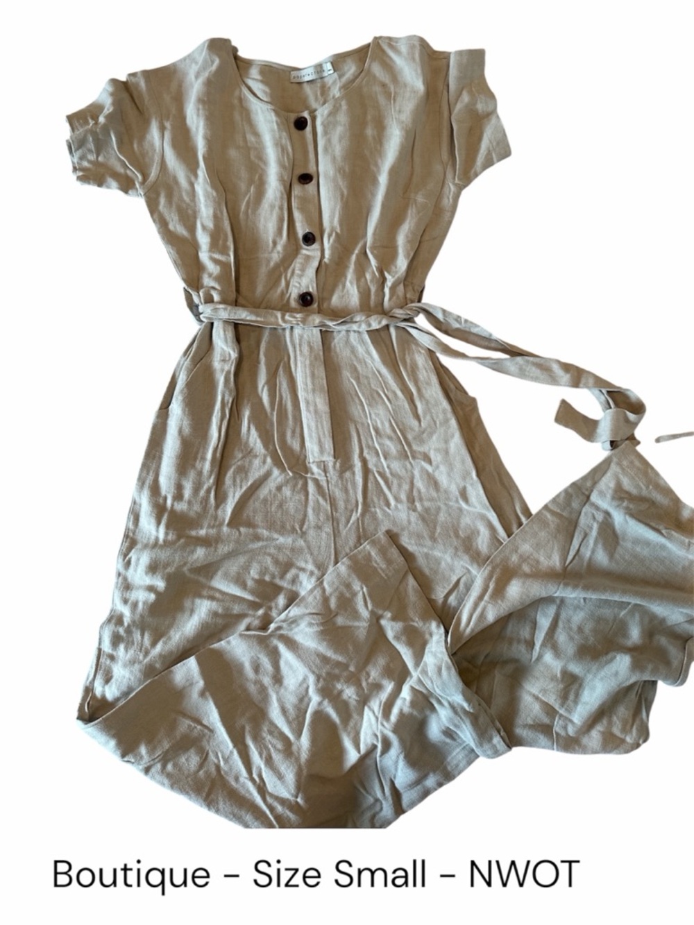 Beige Linen-Blend Button Front Jumpsuit with Waist Tie